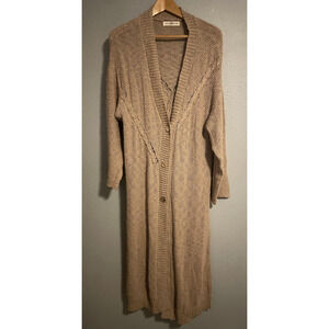 Natural Life Long Duster Cardigan Sweater Womens L XL Tan Knit Cotton Boho